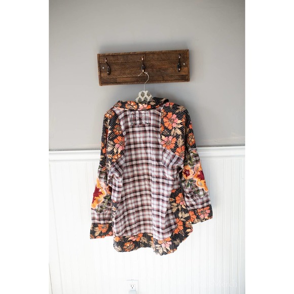 Free People Black & White Plaid Button-Down with Floral Patchwork - Picture 4 of 5